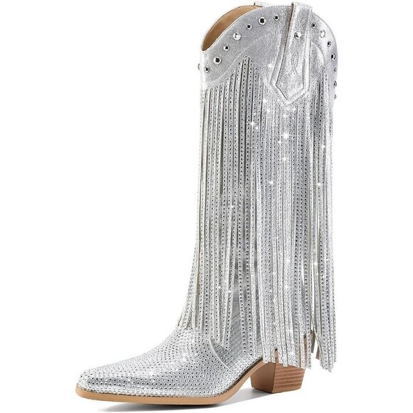 Women's Rhinestone Fringe Sparkly Western Toe Knee Chunky Pull On Mid Calf Boots - Picture 1 of 7